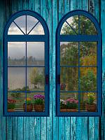 Фотообои HARMONY HD21-46 Синие окна на деревянной стене