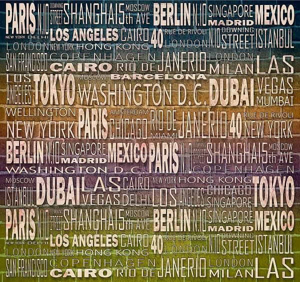 Фотообои URBAN Design UD3-098 Кирпичная стена с названиями городов