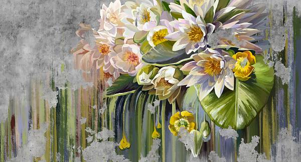 Фотообои HARMONY Decor HD5-006 Цветы на фактурной стене Кувшинки и лилии